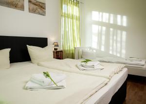 ドレスデンにあるApartmenthaus Sternstraßeのベッド2台(タオル、ナプキン付)