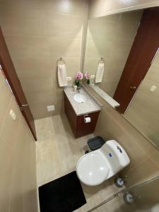uma casa de banho com um WC, um lavatório e um espelho. em Hermoso Apto en Ricaurte con piscina em Ricaurte
