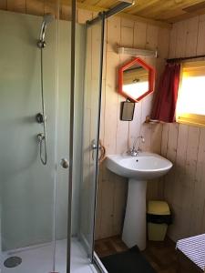 a bathroom with a shower and a sink at Les Roulottes du Petit Brimeux in Brimeux