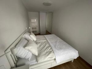 Apartmán NAVIA obklopený prírodou a spa في رايتسكي تيبليتسه: سرير أبيض مع أغطية ومخدات بيضاء في غرفة النوم