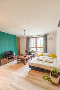 a large living room with a bed and a couch at Mistrzejowice Studio - Park, Tram & Bus nearby - by Rentujemy in Krakow