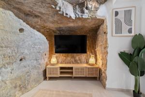 sala de estar con TV en una pared de piedra en Elegant 1BR Retreat in Peaceful Grund en Luxemburgo