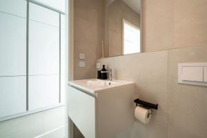 W łazience znajduje się umywalka i lustro. w obiekcie Prime Location Modern Gem in Gasperich w Luksemburgu