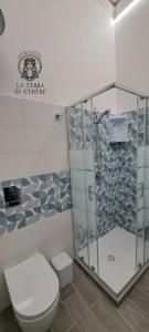 La salle de bains est pourvue de toilettes et d'une douche en verre. dans l'établissement La Terra di Cerere, à Trapani