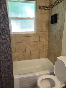 a bathroom with a tub and a toilet and a window at City Scape Homey 1 BR efficiency Apt near TTU and downtown in Cookeville