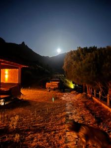 a night view of a field with a house and trees at MOLA Bağ Evi in Marmara