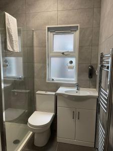 La salle de bains est pourvue de toilettes, d'un lavabo et d'une douche. dans l'établissement SAV 3 Bedroom House Chiltern Rise Luton, à Luton