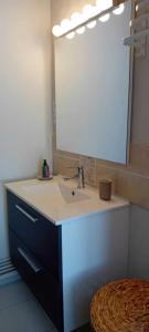 y baño con lavabo y espejo. en Cœur de Falaise, Normandie Suisse Normande en Falaise