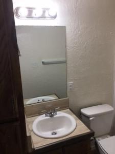 ein Badezimmer mit einem Waschbecken, einem WC und einem Spiegel in der Unterkunft Cozy Upstairs 1 Bedroom Apartment close to Fort Sill in Lawton