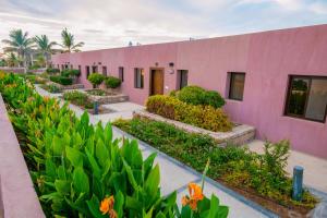 ein rosafarbenes Gebäude mit Pflanzen davor in der Unterkunft Royal L'azure Resort in Sharma