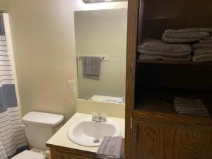 une salle de bain avec un lavabo, des toilettes et un miroir dans l'établissement Charming 1-BR upstairs apartment near Fort Sill!, à Lawton