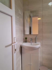 a bathroom with a sink and a mirror at Pensiunea Albert in Hîrşova