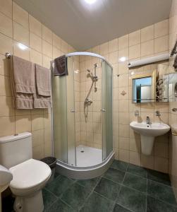 a bathroom with a shower and a toilet and a sink at Keta in Marijampolė