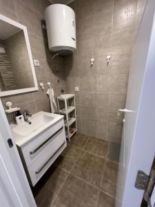 uma casa de banho com um lavatório e um espelho em Mirabela Apartman Sokobanja em Sokobanja
