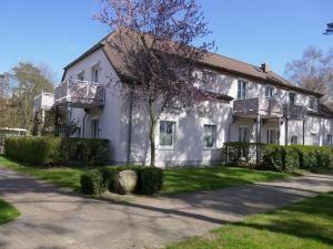 une maison blanche avec un arbre devant dans l'établissement Appartement 119, à Dierhagen