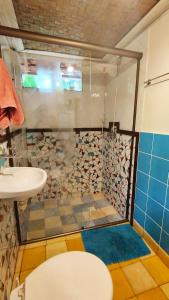 a bathroom with a shower and a toilet and a sink at Casa Cacau Boutique B&B - Sítio Salamandra Vale do Matutu in Aiuruoca