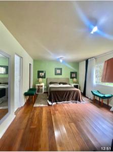 sypialnia z łóżkiem z zielonymi ścianami i drewnianą podłogą w obiekcie casa de campo em chacará w mieście Kurytyba