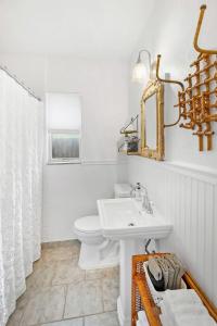 a bathroom with a sink and a toilet and a mirror at Pink House Prime Location Walk to Downtown Dogs OK in Saint Augustine