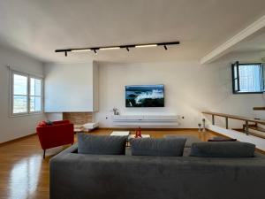 a living room with a couch and a tv on the wall at S&F Luxury Apartment in Nafplio