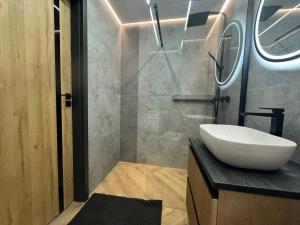 ein Badezimmer mit einem weißen Waschbecken und einem Spiegel in der Unterkunft Blue Sky 39 in Danzig