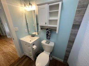 uma casa de banho com um WC branco e um lavatório. em Downtown Rockford Duplex em Rockford