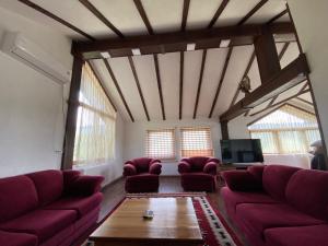 sala de estar con sofás rojos y TV en The Hill House en Prizren