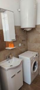 uma casa de banho com um lavatório e uma máquina de lavar roupa em Apartman Orljava em Pozega