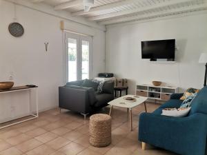 - un salon avec 2 chaises bleues et une télévision dans l'établissement Vilalea - Maison de vacances 8 pers + voiture, à Petit-Bourg