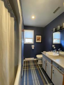 een badkamer met een wastafel, een toilet en een douche bij The Verne: Beautiful Waterfront Escape by Picton in Picton