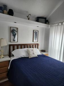 Un dormitorio con una cama azul y una ventana en Oceanview Cabin 27 W Jacuzzi & Enjoyable Views en Smith River