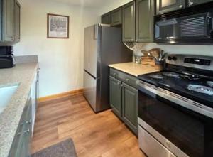 La cuisine est équipée d'armoires vertes et d'un réfrigérateur en acier inoxydable. dans l'établissement Charming 3BR Cabin Close to Donner Lake, à Soda Springs 18 autres photos