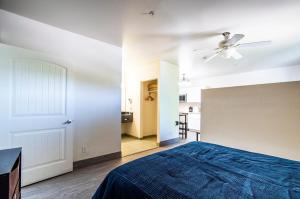 1 dormitorio con 1 cama y ventilador de techo en Vistas 216- Renovated central Sierra Vista long term discounts, en Sierra Vista