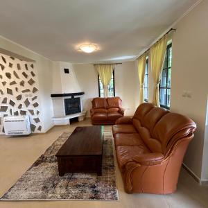 sala de estar con sofá de cuero y mesa de centro en Геша Хил Парк СН21, en Balaleya