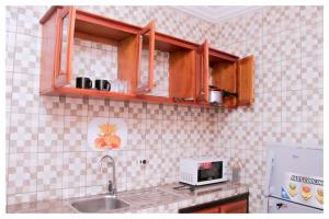 um balcão de cozinha com um lavatório e um micro-ondas em Résidences K and D em Bafoussam