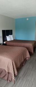 Habitación de hotel con 2 camas y pared azul en RELAX INN, en Rockingham