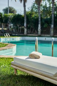 a bed sitting in the grass next to a swimming pool at Il Trappetello in Monopoli
