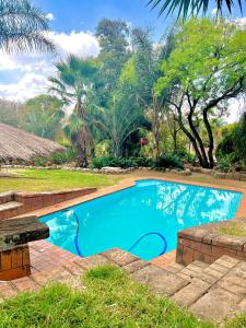 a blue swimming pool in a yard with trees at Miami Gardens in Roodepoort