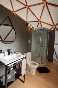 La salle de bains est pourvue de toilettes, d'un lavabo et d'un miroir. dans l'établissement NOMADPLACE, à São Bento do Sapucaí