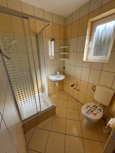 a bathroom with a shower and a toilet and a sink at Dom i domek nad morzem i jeziorem - Jezierzany - blisko Jarosławiec in Jezierzany