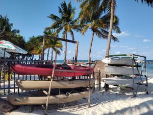 a group of boats on a beach with palm trees at ON THE BEACH SURFERS SUNRISE HAVEN 2 in Cancún