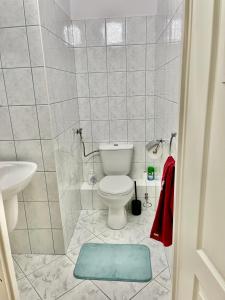 a bathroom with a toilet and a sink and a blue rug at Przytulny apartament in Augustów