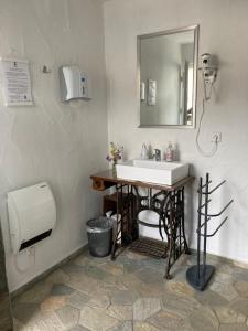 a bathroom with a sink and a mirror at Schlaffässer auf dem Krügele Hof in Murr