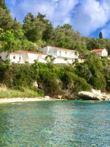 a house on a hill next to a body of water at Aronis Spyros Panoramic Seaview Apartments in Longós