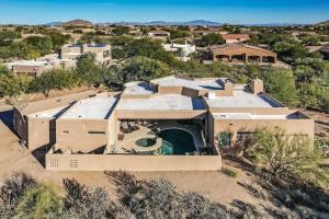 an aerial view of a house in the desert at Serenity Peaks- Gorgeous Pet Friendly Villa in Scottsdale with Pool, Spa, and Bikes in Scottsdale