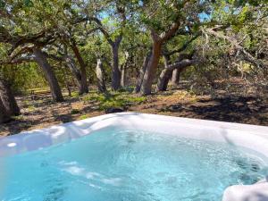 een hot tub in een veld met bomen op de achtergrond bij French Kiss Cottage Romantic Escape with Hot Tub in Stonewall