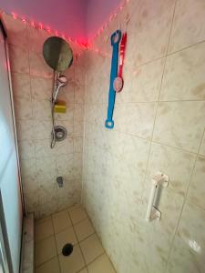 ein Badezimmer mit einer Dusche mit blauer Bürste in der Unterkunft Hidden MIA Apartment in Miami