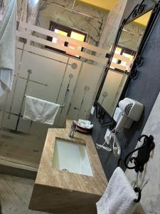 a bathroom with a sink and a shower with a mirror at Hotel La Casa de María Joyita in Aguascalientes