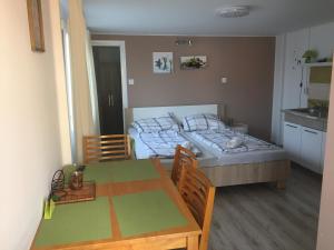 a small room with a bed and a table and a kitchen at Bitter súkromné ubytovanie in Štúrovo