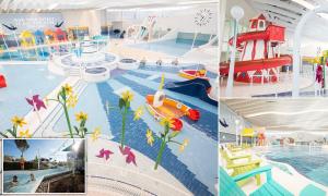 a collage of photos of a water park at Panoramic sea views in beachfront apt w balcony in Bognor Regis