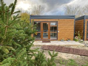 a house with a wooden facade and a pine tree at Module house - Burabay in Borovoye
